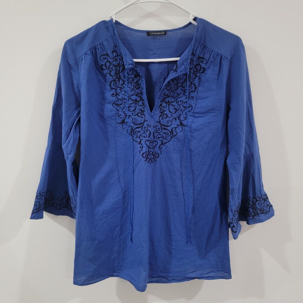 Y2K Tahari Womens Top Size Small Embroidered Boho Fairy Blue